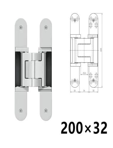Adjustable 180 Degree Silent Concealed Hinge for Wooden Folding Doors With Invisible Cross Hinge, 200x32mm Silver Diagram