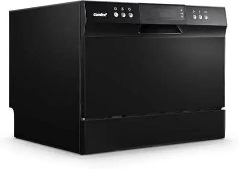 Side view of a black Countertop Energy Star Dishwasher With 6 Place Settings And 8 Programs For Dorms.