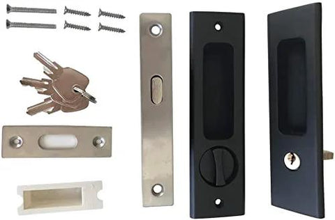 Privacy Pocket Door Lock With Key Hidden Barn Door Latch For Wooden Doors Matte Black Interior Privacy Hardware Invisible Pocket Door Lock Handle Zinc Alloy Construction With Corrosion Resistant Finish Built Tough Easy Install One Pack, showing lock components and keys