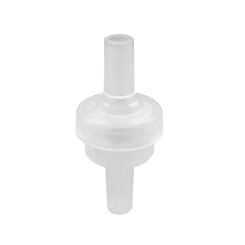 PVDF inline check valve, white plastic with 1/4" barb hose fittings