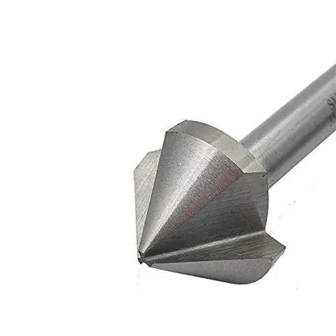Close-up of a 35mm 90 Degree Chamfer Drill End Mill Cutter with HSS Straight Shank and three-edge cutting for steel chamfering.