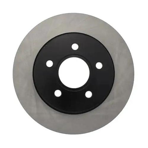 Centric Premium rear brake rotor with black hub and five lug holes, front view