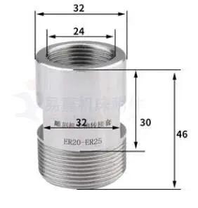 Metal spindle thread adapter sleeve for ER20–ER25 collets, angled view with external threads.