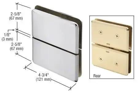 Senior Prima 02 Series Glass to Glass mount hinge in polished chrome, top and bottom mount design, dimensions shown, rear view displayed.