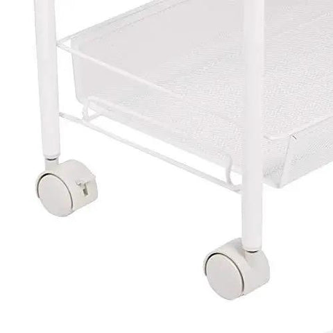 Close-up of wheels and lower shelf of 4 Tier Rolling Utility Storage Cart On Wheels In White Carbon Steel With Epoxy Coated Finish