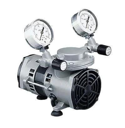 PTFE Coated Vacuum Pump For Corrosive Lab Use With Gauge Reg Valve 0.75 CFM Free Air Flow 23.2 In Hg Vacuum 25 PSI Max