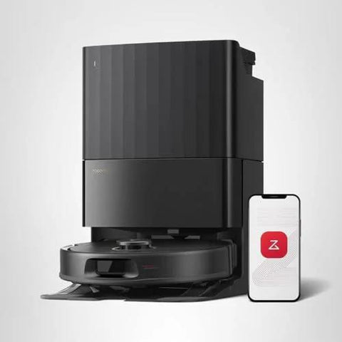 roborock Qrevo S5V robot vacuum and mop with tall black auto-empty base; smartphone displays app control.