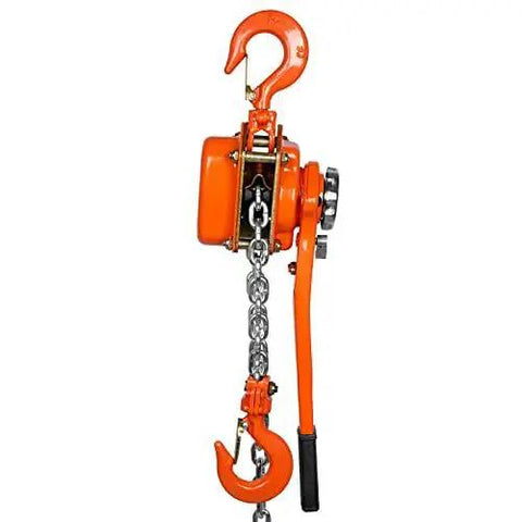 Side view of 1.5 Ton Manual Lever Chain Hoist With Double-Pawl Brake 10 Ft Lift, compact and rugged carbon steel frame