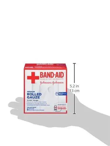 Flexible Sterile Rolled Gauze Dressings For Minor Wounds With Soft Padding And Instant Absorption 3 Inches By 2.1 Yards Value Pack Of 5 Band Aid Brand Of First Aid displayed on a hand for size reference.
