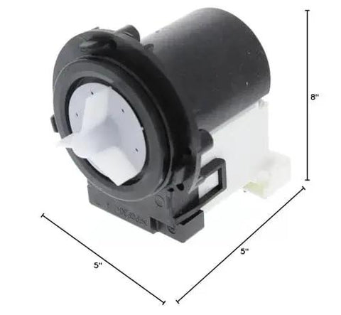 Front view of black plastic drain pump assembly with white impeller for washing machines.