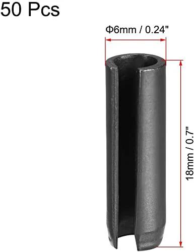 Slotted Spring Pin Set 6mm By 18mm Plain Finish 65Mn Steel, 50 Pack for small machine projects, side view showing dimensions