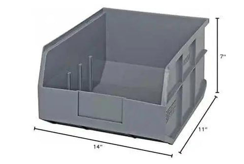 Front view of Stackable Shelf Bins Part Organizer Set 14 By 11 By 7 Inches Heavy Duty Plastic Storage Bins Waterproof And Rust Resistant Raised