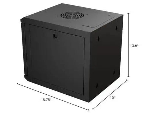6U 10 Inch Network Server Cabinet With Perforated Door In Black, wall-mountable, 15.75 inch deep, shown with dimensions.