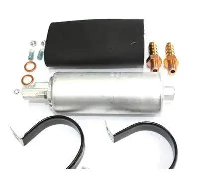 GSL392-400-939 Universal Inline Fuel Pump Kit With Install Kit, silver pump, black brackets, connectors, high flow design