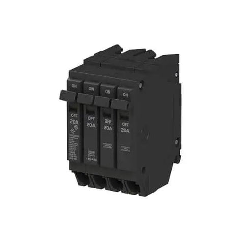 Q-Line Quad Circuit Breaker THQLQ202020 20A (1P/2P/1P) configuration, visible with plug-in space-saving design, for load centers