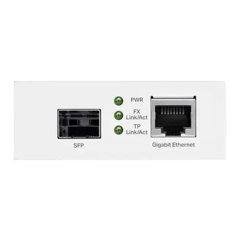 Front view of Gigabit Fiber To Ethernet Media Converter with SFP to RJ45 ports, LED indicators, durable metal casing