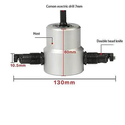 Double Head Sheet Metal Nibbler Cutter Drill Attachment for metal with adjustable cutting head, showing dimensions and ergonomic design