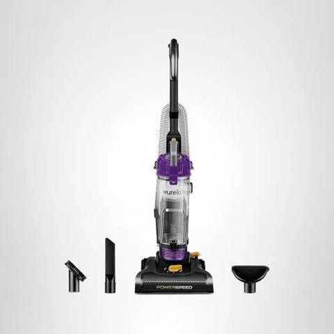 Eureka PowerSpeed bagless upright vacuum cleaner, purple, front view with wand and attachments.
