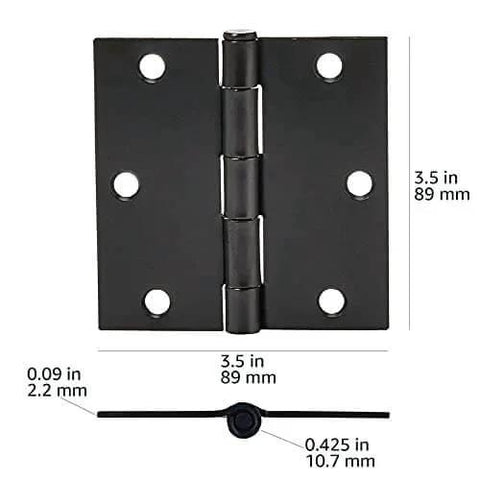 Interior Door Hinges Square 3.5 Inch Matte Black Durable Steel Construction, Pack Of 12 With 72 Mounting Screws, front view with measurements