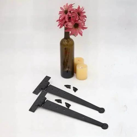 Bean Head Strap Hinges In Wrought Iron Hardware 15 Inch Pair With Hammered Edging And Black Powder Coat Finish, screws included