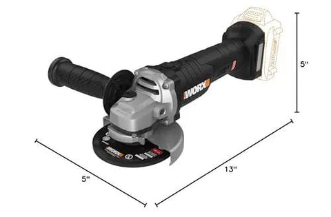 Cordless 4.5 Inch Angle Grinder With Brushless Motor, 20V Power Share, Tool Only, showing dimensions and handle