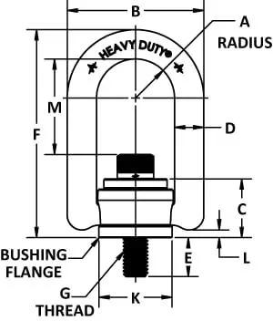 Diagram of Heavy Duty ADB Hoist Ring One Half Inch By Thirteen TPI Forged Alloy Steel with labeled parts and dimensions, Part 33512.