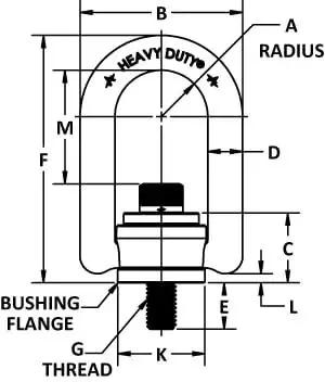 Technical diagram of Heavy Duty Hoist Ring Seven Eighths Inch 9 UNC Threaded Stud Lift Point showing dimensions and parts.