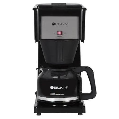 Front view of Velocity Brew 10 Cup Home Coffee Brewer with a stainless steel hot water tank and black finish