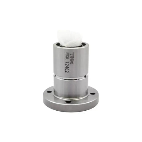 Ball Spline Nut LF25UU For Linear Motion System shown in angled view, steel material, high precision nut assembly for heavy axial and radial loads