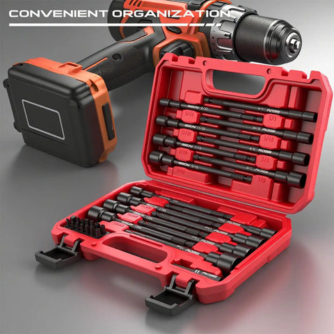 Impact Nut Driver Bit Set, 31-Piece Magnetic Socket Kit For Drill shown in red case with various bits and a drill.