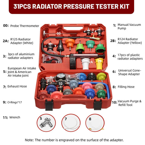 31-piece radiator pressure tester kit in a red case with assorted adapters, Amazon