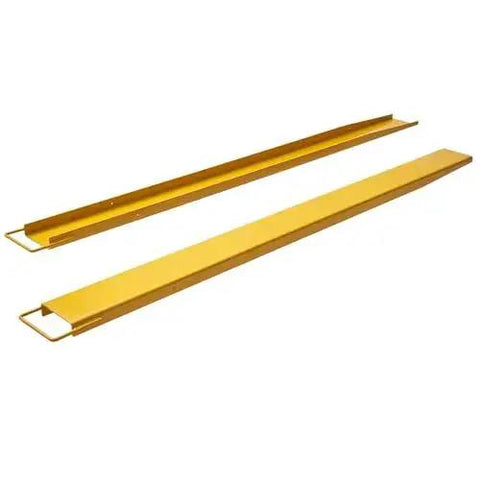 96 Inch Fork Extensions Six And Half Inch Wide Heavy Duty Pallet Fork Extenders in yellow metal, shown side by side on white background.