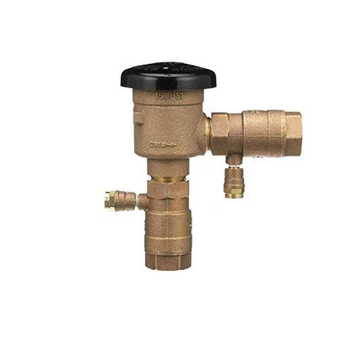 Brass 1-inch Zurn Wilkins pressure vacuum breaker assembly with black cap and side fittings (Amazon)