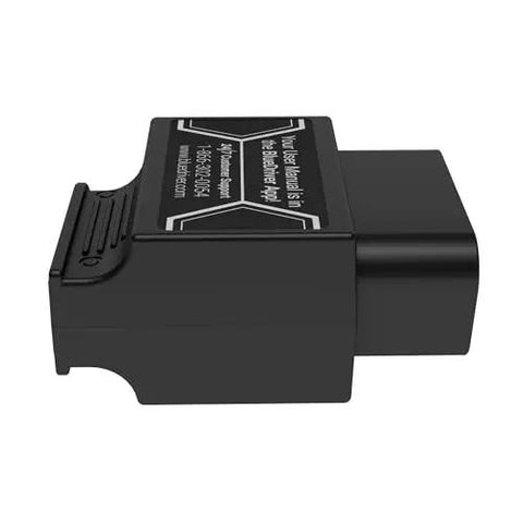 Professional OBD2 Bluetooth Car Scanner For iPhone And Android Read And Clear Codes Diagnose Check Engine ABS SRS Airbag 7000 Plus Vehicle Issues 1996 And Newer No Subscriptions BlueDriver side view of black OBD2 car scanner.