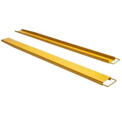 96 Inch Fork Extensions Six And Half Inch Wide Heavy Duty Pallet Fork Extenders in yellow, side by side view