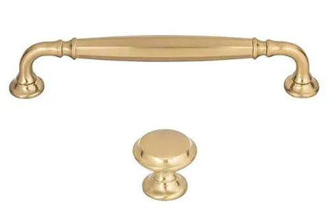 Brass cabinet handle and knob on white background, similar style to Barrow Pull Polished Nickel 5-1/16 Inch Bar Handle Grace Collection.