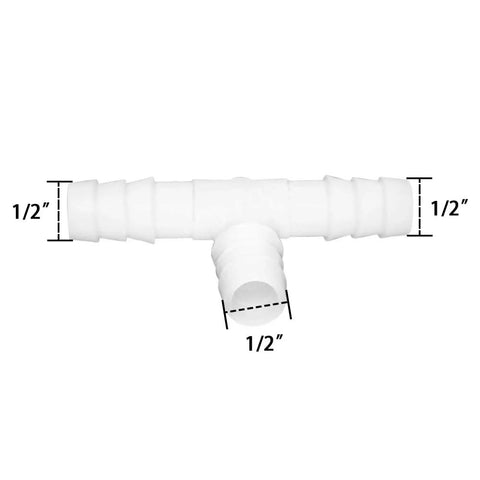 JoyTube plastic hose barb tee connector, 1/2 in ID, 3-way barbed joint, white; pack of 6