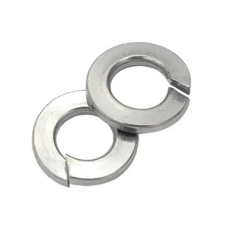 Close-up of Heavy Duty 304 Stainless Steel Spring Lock Washers 100 Pack 5/16 Inch Durable Split Lock Rings, rust resistant.