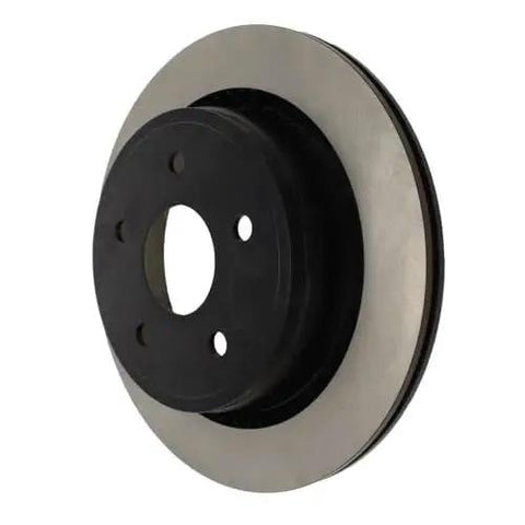 Rear brake rotor with silver disc and black center hub, angled side view.