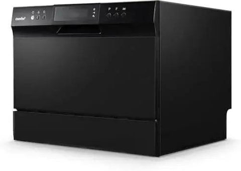 Side view of black Countertop Energy Star Dishwasher With 6 Place Settings And 8 Programs For Dorms, compact design.