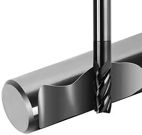 Pro Grade Five Piece Half Inch Carbide Square End Mill Set With AlTiN Coating For Alloy And Hardened Steels Four Flute End Mills HRC 45 High Hardness Milling Bits showcasing a single end mill with black AlTiN coating and four flutes on a reflective metal surface.