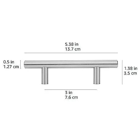 Euro Bar Cabinet Handle Satin Nickel Finish Five And Three Eighths Inch Long With Three Inch Center To Center Holes, front view with dimensions