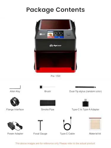Portable 10W Laser Engraver For Wood Metal Glass With 3.5 Inch Touchscreen And AlgoOS No PC Needed shown with package contents.