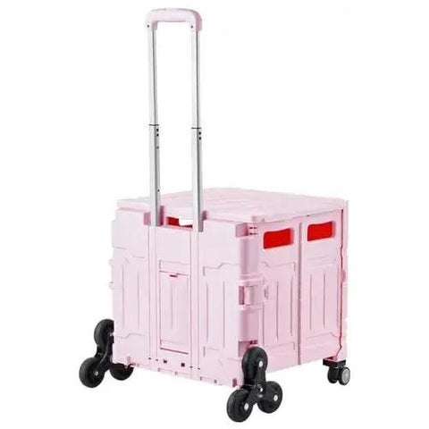 Foldable Utility Cart 65L Portable Crate Rolling Cart With Stair Climbing Wheels and 360 Swivel Wheels, pink with telescoping handle.