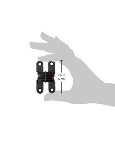 Discreet Zinc Invisible Hinge For Wood Or Metal Cabinets Mortise Mount Three Quarters Inch To One Inch Thick Opens One Hundred Eighty Degrees Fully Concealed When Closed Sleek Black E Coat Exterior Finish Pack Of Two SOSS 204CUS19 Zinc Hinges With Holes against grey hand silhouette, measuring 2.6 inches.