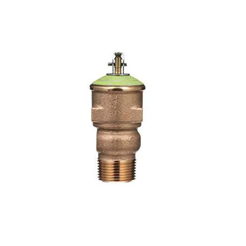 P1000AXL-125C pressure relief valve, brass body with green cap and male threaded inlet.