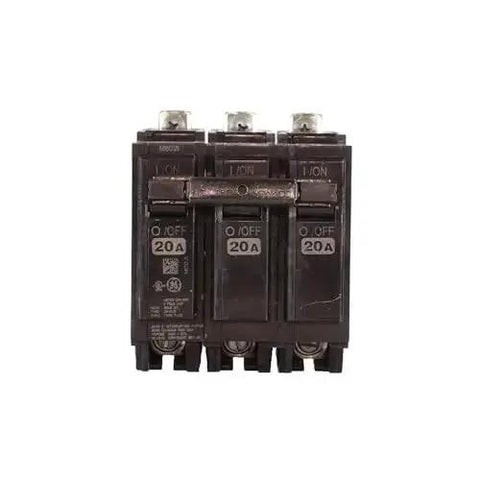Front view of triple pole 20 amp circuit breaker with bolt on mounting for 120 240 VAC 10 kA interrupt thermal magnetic trip, residential and commercial use.