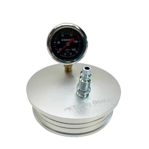 4 Inch Boost Leak Tester End Cap with 15 PSI Gauge and T Bolt Clamp 6061 Aluminum Turbo Boost Leak Tester Kit on white background