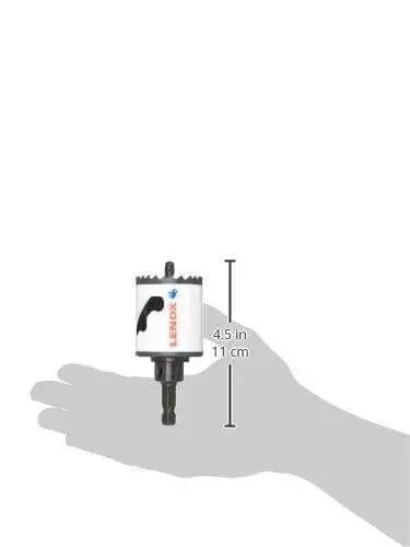 Heavy Duty Hole Saw With Arbor For Metal From Lenox Tools, Speed Slot Design, 1-3/4 Inch Diameter, shown in hand for scale
