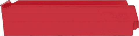 Side view of red Heavy Duty Plastic Shelf Bin for Garage, Closet, and Drawer Organization, 18 x 11 x 4 Inches, fits 12, 18, 24 inch shelves.